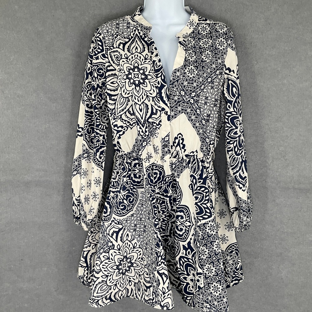 ZARA Women's Navy White Medallion Print Long‎ Sleeve Mini Dress Size M Feminine